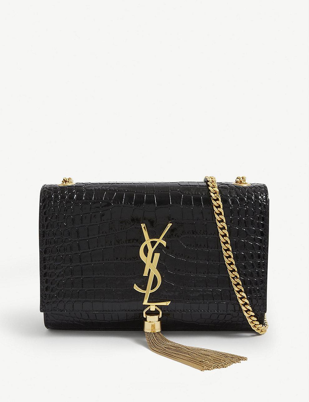 saint laurent lille krokodille-præget læder pung-på-kæde sort/guld – Top kvalitet Yves Saint tasker Shop